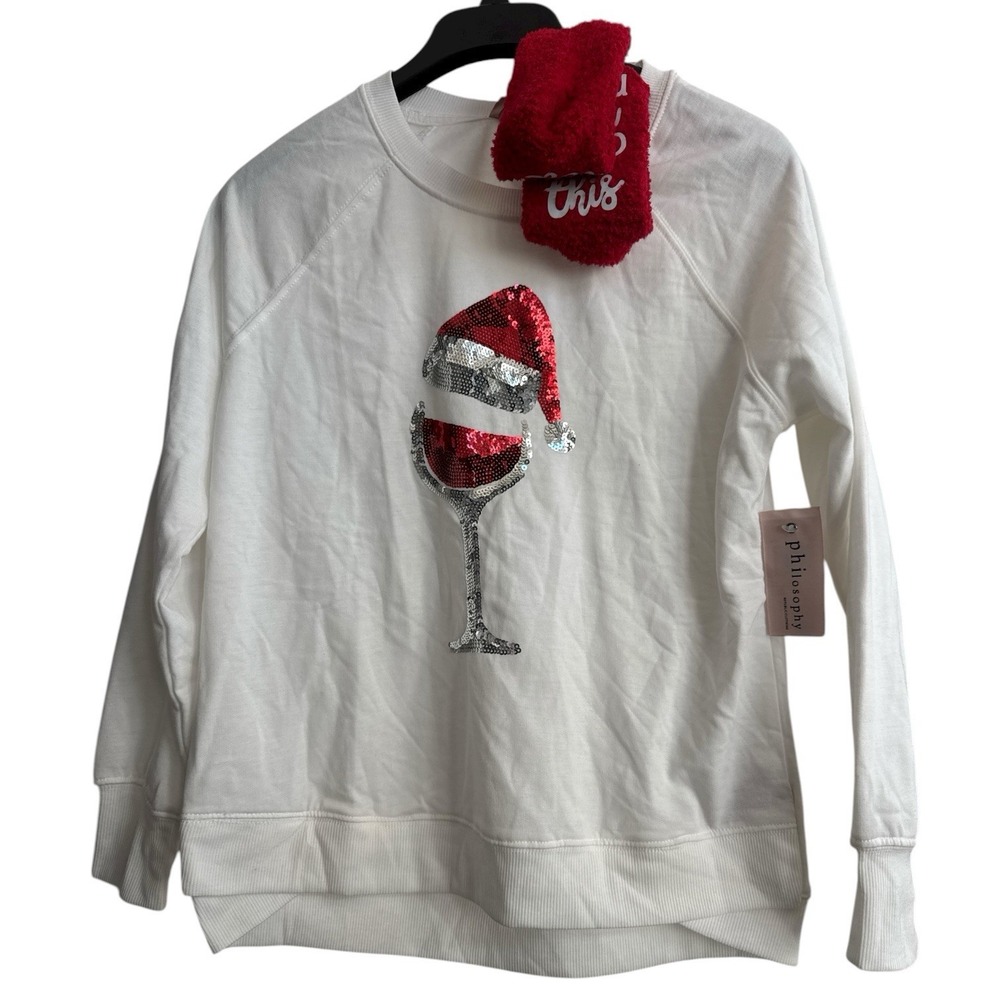 Philosophy Ivory Sweatshirt W/Sequined Santa Hat Wine Glass w/ Socks -‎ Size S